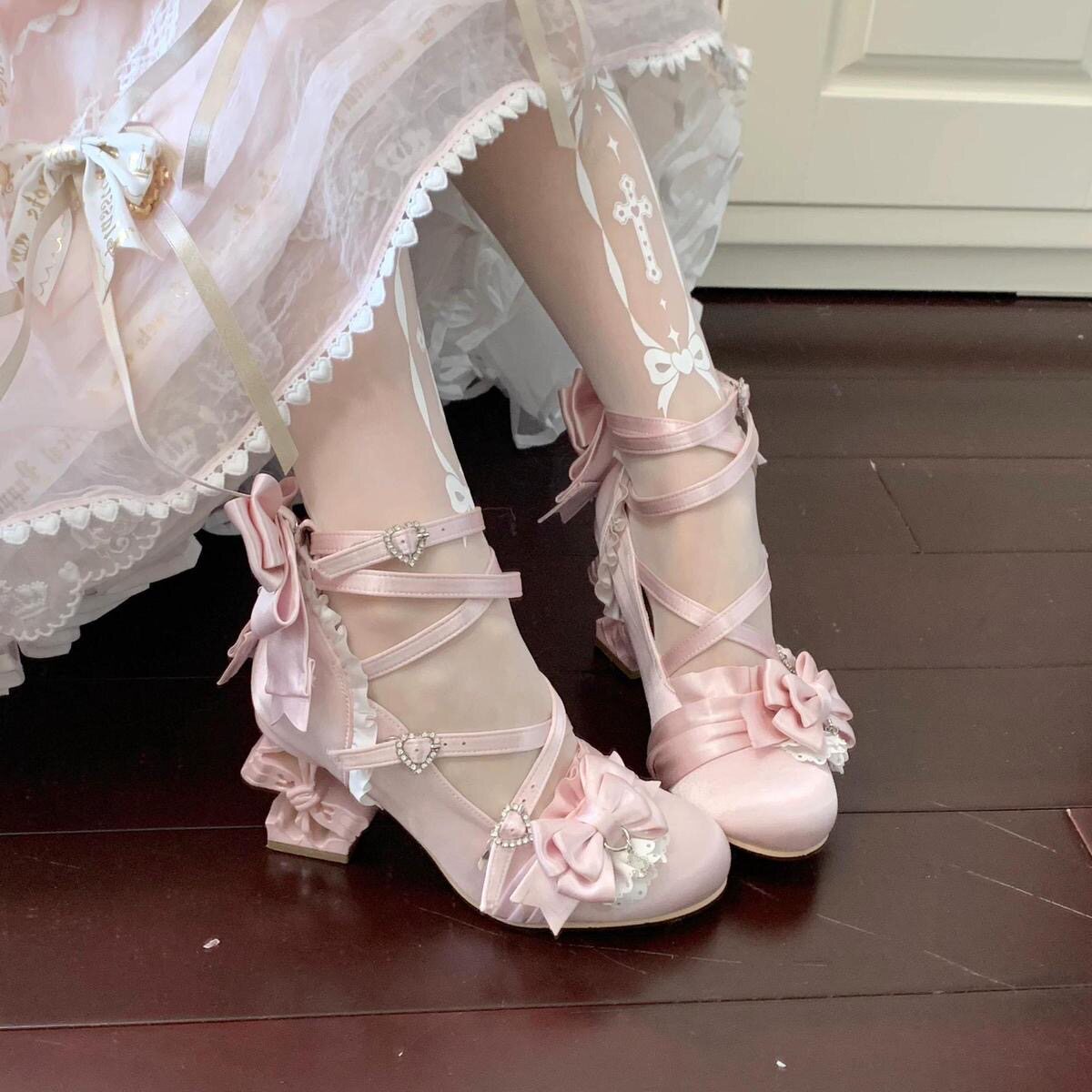 Qianqianjie Original CLA Sweet Lolita Shoes Ballet Style Satin Asymmetrical Heels Wedding Glamour Lolita High Heels