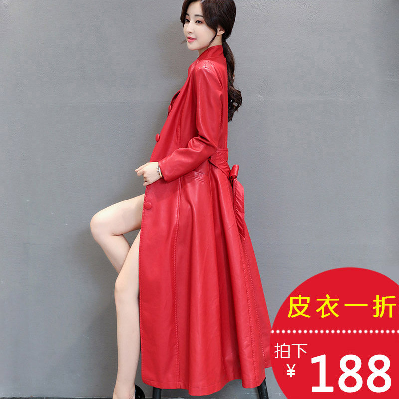 Real leather clothing female medium long version of sheep leather with lean over knee leather wind clothes middle-aged lady Spring and autumn clothing leather outer cover