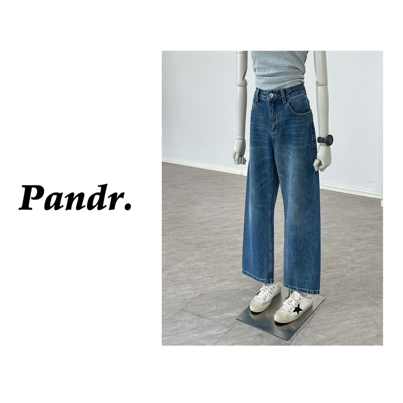 Pandr Straight-Leg Compression Korean-Style Commuter Washed Blue Jeans for Women, Spring Vintage Slimming Versatile Straight Pants