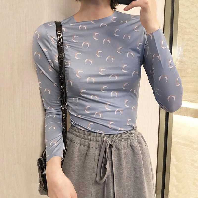 Correct Version of Marine Moon Base Layer Top with Crescent Moon All-Over Print, Double Moon Elastic Slim-Fit Sun Protection Long-Sleeve Top for Autumn
