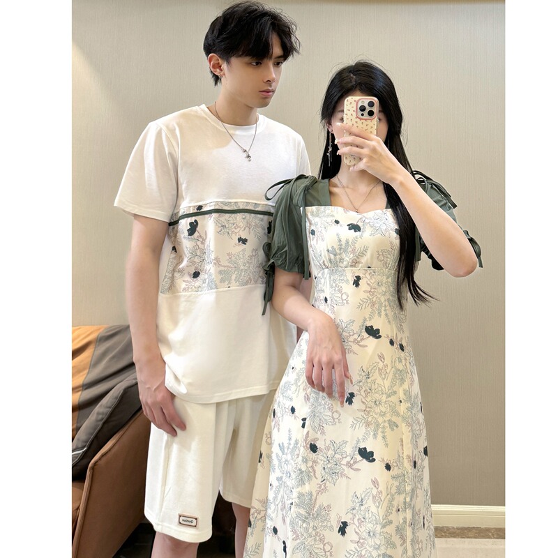 Summer Couple Outfits, New Chinese-Style Improved Waist-Cinching Design, Slimming and Complexion-Enhancing, High-End Women's Dress, Men's T-Shirt and Shorts Set