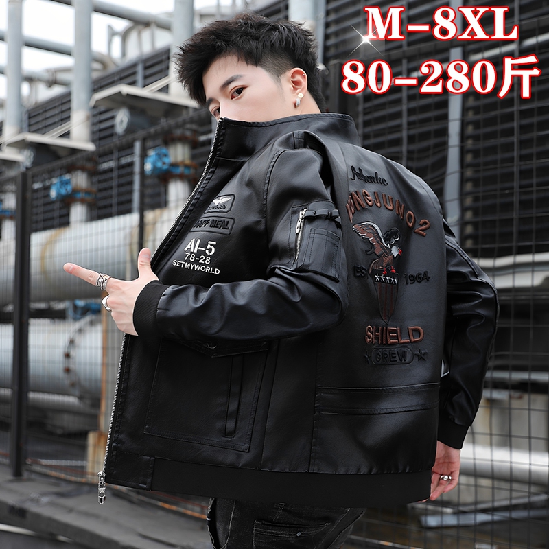 Flight Jacket Spring and Autumn Leather Coat Trendy Plus-Size Biker Jacket Oversized Embroidered Fashion Stand Collar Men's Clothing