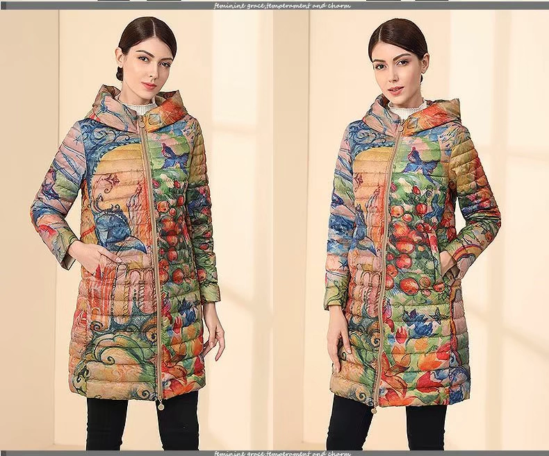 Baolai International Printing Mid-length Nhẹ trùm đầu xuống Áo khoác mùa thu Mẹ mẫu 5382 chính hãng - Xuống áo khoác