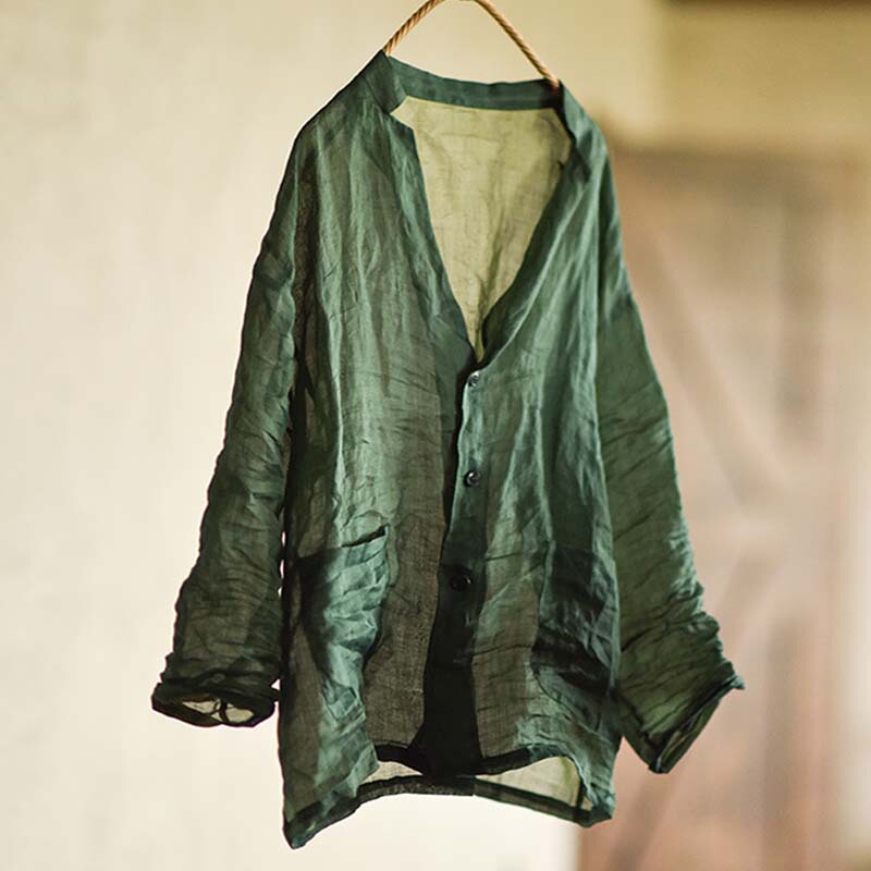 Ziyue Lightweight High-Thread-Count Ramie Blazer Cardigan, Artistic and Simple Thin V-Neck Ramie Top, Sun Protection Clothing Ziyue Lightweight High-Thread-Count Ramie Blazer Cardigan, Artistic and Simple Thin V-Neck Ramie Top, Sun Protection Clothing