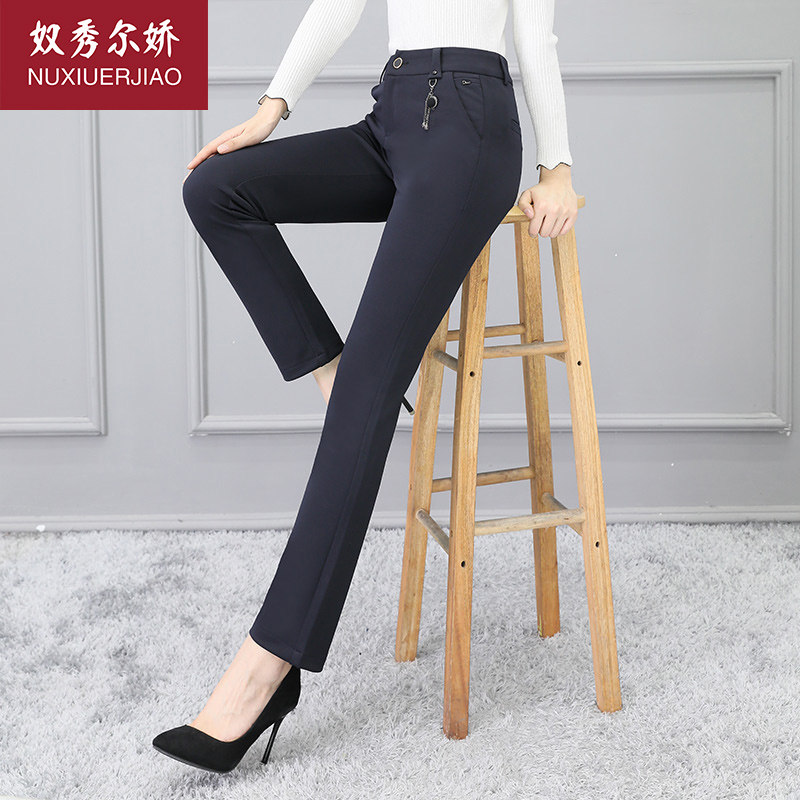 2018秋季新款中老年妈妈直筒裤女高腰弹力黑