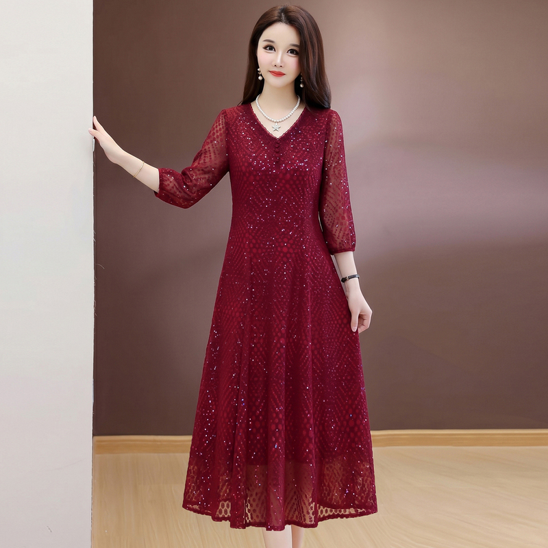 Elegant V-Neck Sequin Dress for Women, Three-Quarter Sleeves, Waist-Cinching, Slimming, Autumn A-Line Dress, Light Luxury, High-End Dress Elegant V-Neck Sequin Dress for Women, Three-Quarter Sleeves, Waist-Cinching, Slimming, Autumn A-Line Dress, Light Luxury, High-End Dress