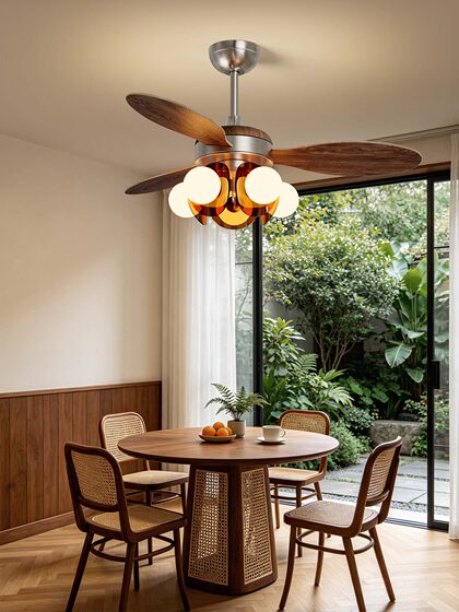 Medieval Style Restaurant Ceiling Fan Light, American Retro Wood Grain Color Fan Light, 2026 New Model, Integrated Fan Chandelier for Living Room