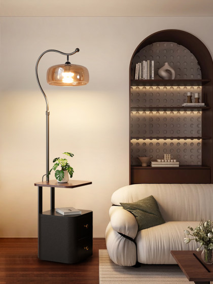 Italian-Style Floor Lamp with Integrated Bedside Table, Light Luxury and High-End Feel, Suitable for Living Room Next to the Sofa, Ambiance Side Table, Standing Table Lamp