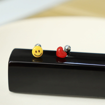 2020 New Korea imported red love smiley face good luck red lucky titanium steel earrings single price thick needle