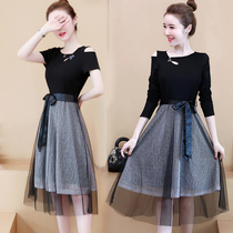 Sugar large size womens clothing 2021 early autumn fat sister thin dress belly reduction off-shoulder skirt long-sleeved new