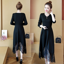 2021 new foreign style large size autumn dress female fat mm waist cover belly thin black long dress age reduction