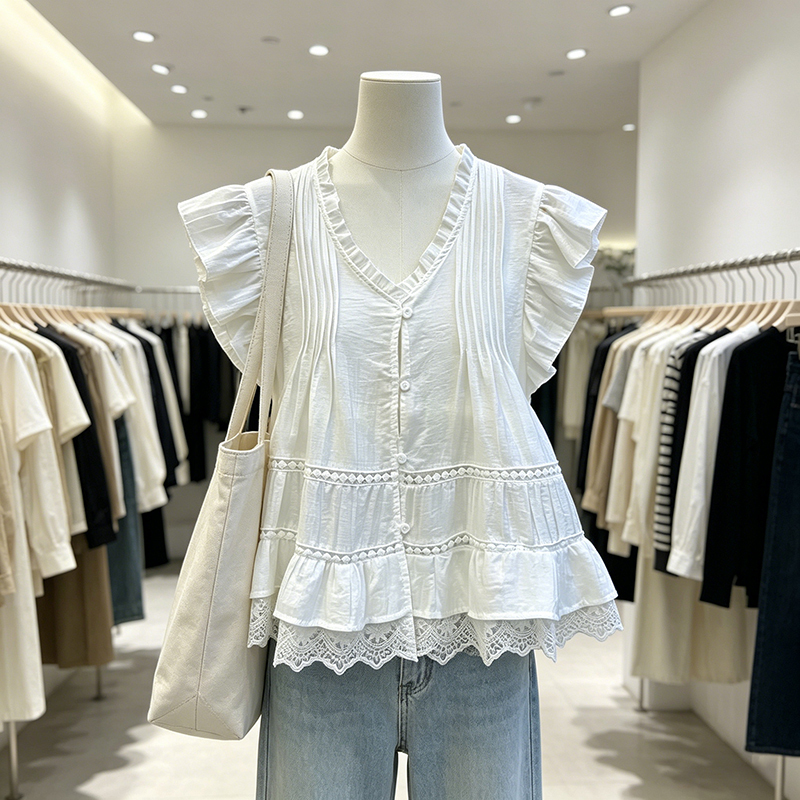 [Same Style as in Physical Stores] Plus-Size Summer New European-Style Ruffled Lace Patchwork High-End Youthful-Looking Women's Shirt