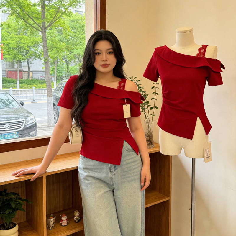 Plus Size Lace Off-Shoulder Red Short-Sleeved T-Shirt Women's Summer 2026 New Style Super Beautiful Waist-Cinching Top for Fat Girls