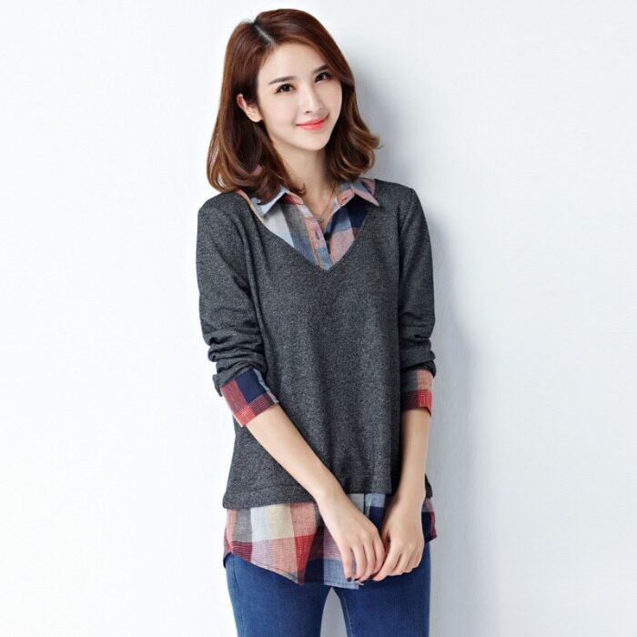 Foreign school large size women's clothing 2021 autumn new fat sister loose fake two thin age-reducing base shirt long sleeve