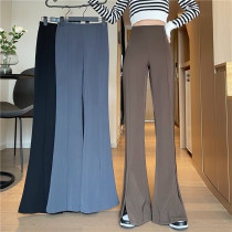 Large size black suit wide-leg pants womens spring fat mm slit pants look thin high waist drape micro flared trousers trendy
