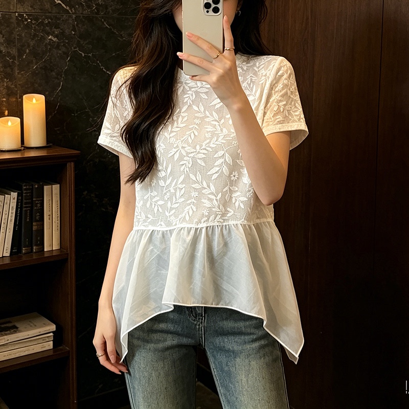 Plus-Size 2026 Summer New Lace Patchwork Ruffle Irregular Versatile Loose Slimming Short-Sleeve Top for Women