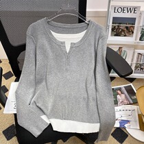 2023 early spring womens fashion new loose fake two-piece knitted sweater top womens large size foreign style sweater bottoming shirt