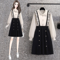 Plus-size womens thinning and age-reducing fake two-piece knitted skirt in the spring of 2023 new fat MM long-sleeved dress tide