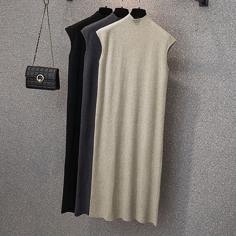 Plus Size Women's Clothing 2026 Autumn New Style for Chubby Girls, Half-High Collar, Sleeveless, Solid Color, Mid-Length, Fashionable Knitted Dress