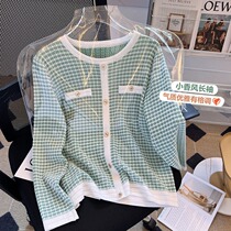 Plus-size womens clothing 2022 autumn and winter new fat mm all-match plaid round neck western-style knitted sweater long-sleeved bottoming shirt tide