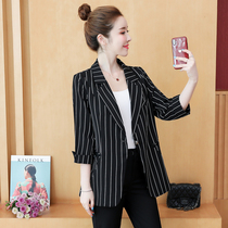 2021 spring and autumn new Korean version of womens clothing large size fat mm striped jacket loose foreign style belly thin suit