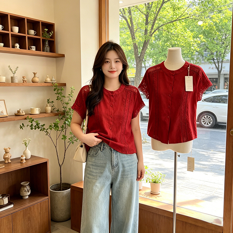 Plus-Size Casual Red Lace Shirt for Women, 2026 Summer New Style, Loose Fit, Slimming, Versatile Top for Curvy Women