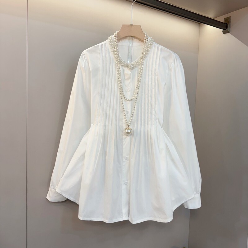 High-End French-Style Heavy Beading White Long-Sleeve Shirt for Women, Autumn Wear, Plus Size, Slimming, Waist-Cinching, Stylish Top High-End French-Style Heavy Beading White Long-Sleeve Shirt for Women, Autumn Wear, Plus Size, Slimming, Waist-Cinching, Stylish Top