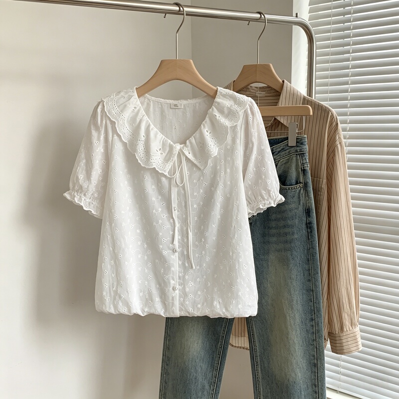 Plus-Size Women's Embroidered Floral Lace Patchwork Doll Collar Tie Bow Short-Sleeve Shirt, Sweet and Gentle Style Top