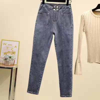 Fatty plus size 2021 New Spring and Autumn New elastic waist elastic high waist denim trousers fat mm small feet women's trousers