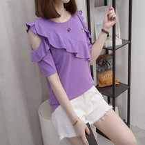 Plus fat plus size womens clothing 2023 new 200 catties fat sister heart-scheming jacket summer western style off-shoulder short-sleeved T-shirt