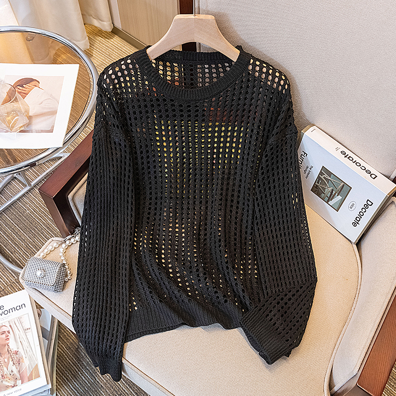 Plus-Size Slimming Sun-Protective Long-Sleeve Top, Black Summer Knitwear for Chubby Women, Hollow Mesh Thin Knit Top for Women Plus-Size Slimming Sun-Protective Long-Sleeve Top, Black Summer Knitwear for Chubby Women, Hollow Mesh Thin Knit Top for Women