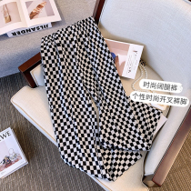 Plus size womens high waist thin loose wide leg pants 2023 spring new fat MM checkerboard slit casual pants
