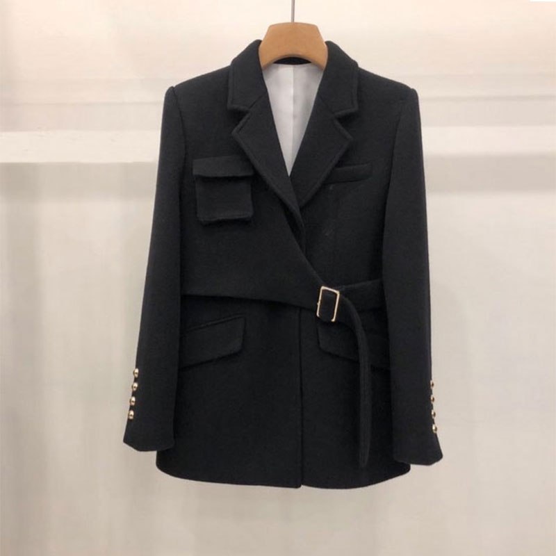 2020 autumn and winter new Korean version loose and thin black woolen small suit jacket women's medium and long version all-match suit trend