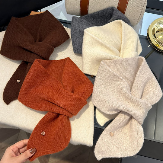 2025 New 100% Wool Knitted Cross Small Scarf Women's Autumn and Winter Korean Style Versatile Warm Student Scarf Trendy