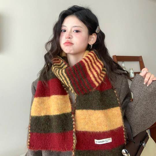 2025 New Style Color-Blocking Knitted Striped Wool Scarf for Women, Autumn and Winter Korean Version, Versatile, Thickened, Warm Neck Scarf