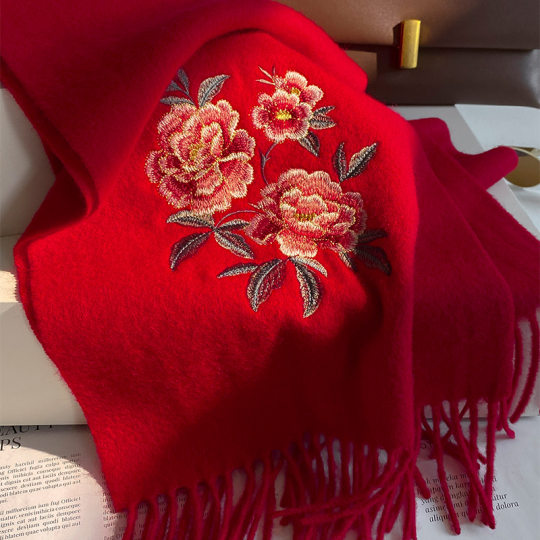 2025 New Peony Embroidery 100% Pure Wool Scarf Women's Winter Mother Elders New Year's Gift Warm Scarf