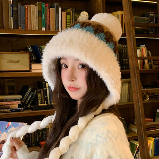 2025 New Style Knitted Fleece Pom-Pom Hat for Women, Autumn and Winter Thickened Cold-Proof Ear-Protecting Warm Head-Covering Lei Feng Hat Trendy