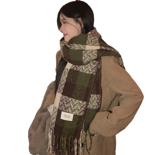 2025 New Style Color-Blocked Plaid Tassel Scarf for Women, Winter Warm Shawl, Dual-Use, High-End Plaid Versatile Scarf