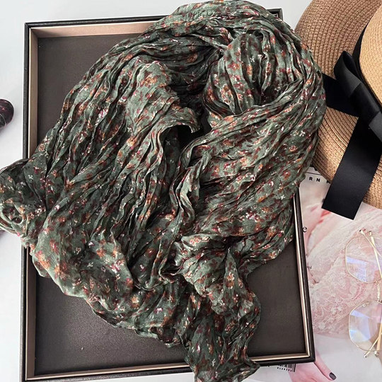 2024 Spring and Autumn New Fashion Floral Pleated Thin Scarf for Women, Ethnic Style Cotton and Linen Feel Silk Scarf, Neck Warmer for Mom