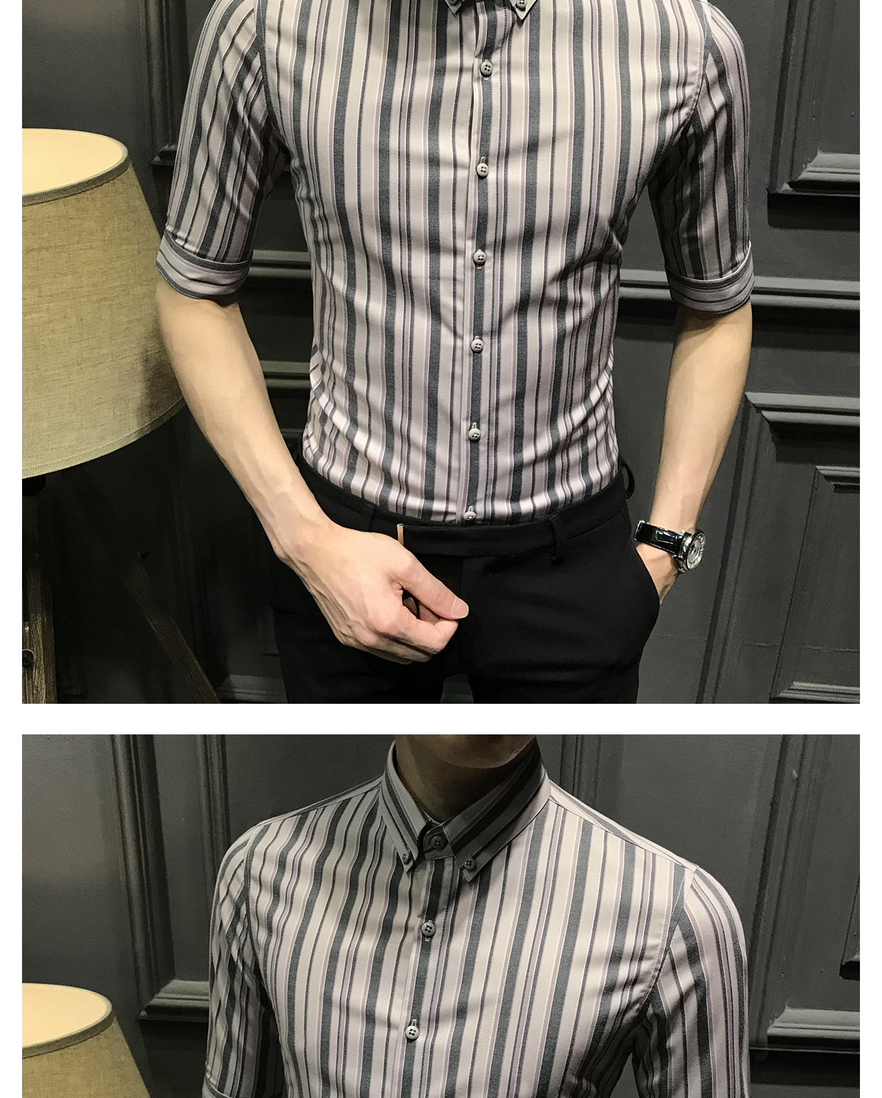Áo sơ mi nam tay dài mùa hè Hàn Quốc giản dị sọc tay ngắn Slim đẹp trai xu hướng dọc tay áo ngắn - Áo áo sơ mi nam cộc tay