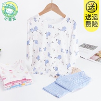 Xiaoqinglong childrens spring and summer 7-point sleeve bamboo fiber breathable boy and boy baby cartoon home clothing pajamas set