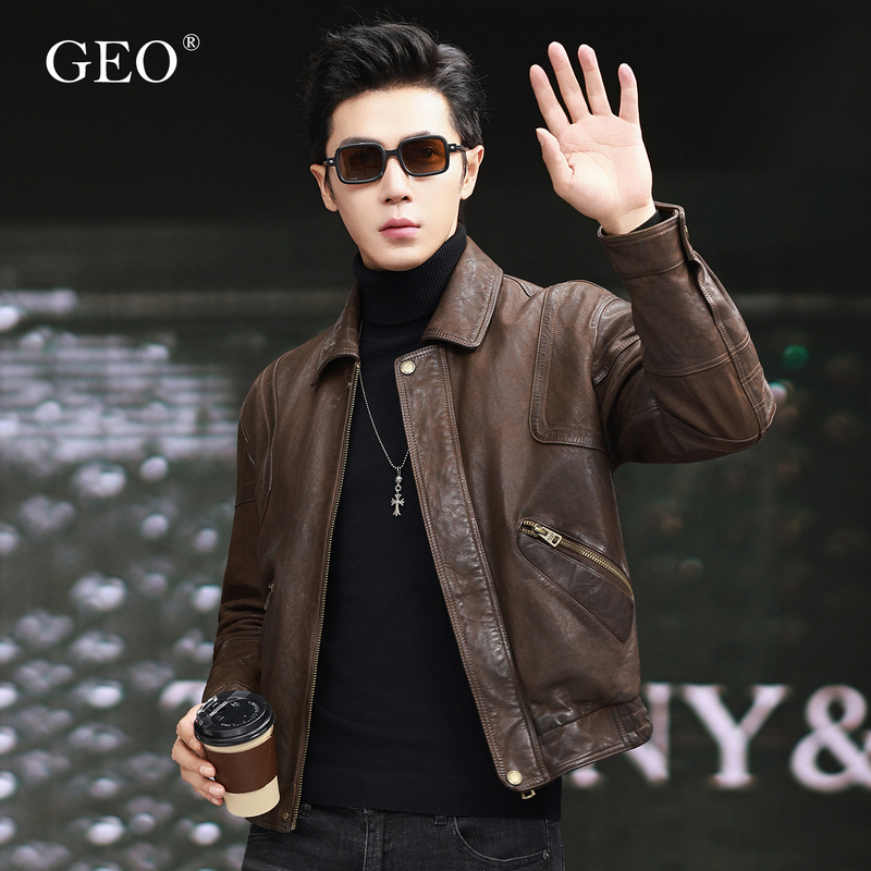 Washed Vintage Distressed Goatskin Leather Jacket Men's Fashion Trendy Coat Genuine Leather Motorcycle Jacket 2025 New Style