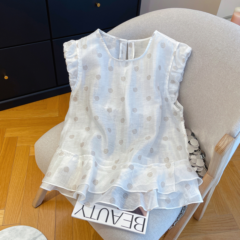 Simple Polka Dot Cotton and Linen Skin-Friendly Cool Sleeveless Vest for Women 2026 with Ruffled Small Flutter Sleeves, Double-Layer Thin Hem for Summer