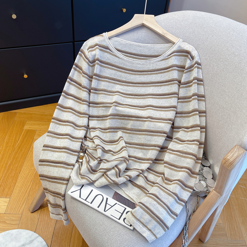 High-End Coffee-Colored Striped Linen Knit Top for Women with Adjustable Drawstring on the Side, Round Neck, Loose Fit, Versatile Base Layer