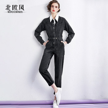 2022 New High Waist Black Washed Jumpsuit Workwear Net Red Handsome Thin Denim Jumpsuit Casual Pants