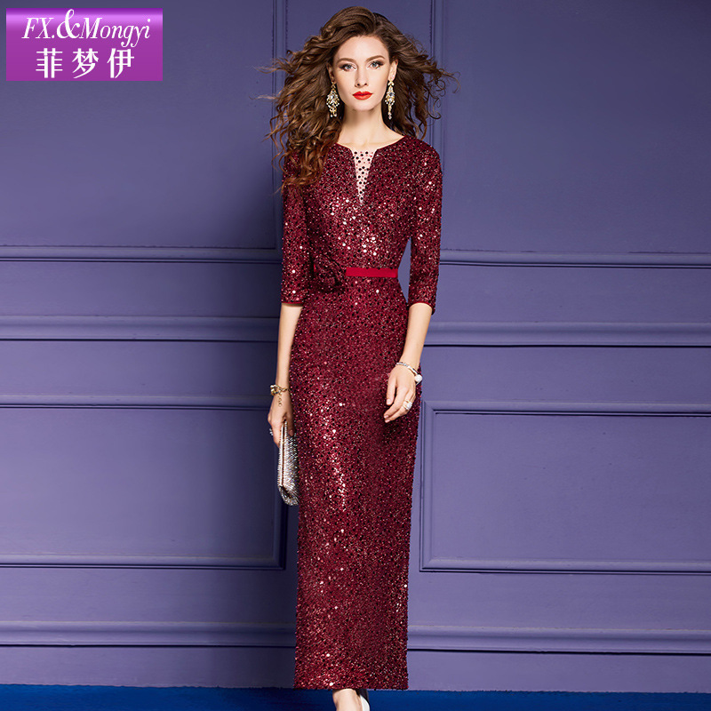 Feimengyi Red Sequined Dress for Women, New Spring Style, Mature and Elegant, High-End Sexy Long Dress, Banquet Dress