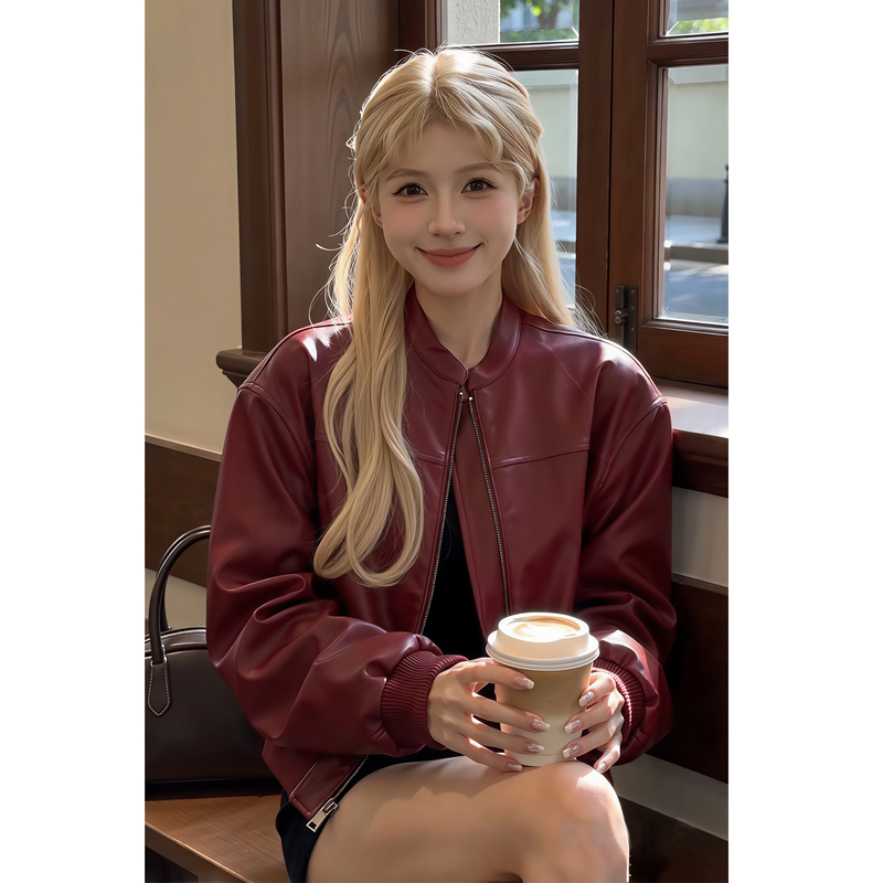 Ankela Red Short Leather Jacket for Women, Autumn Stand-Collar Biker Jacket, Burgundy Leather Jacket for Petite Figures, Casual Style
