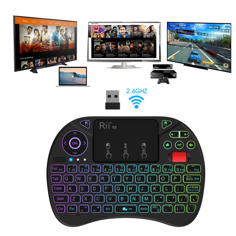 Rii Mini X8 Wireless Mini Keyboard with Colorful Backlight, Handheld Computer Keyboard, Integrated Keyboard and Mouse for Easy Typing