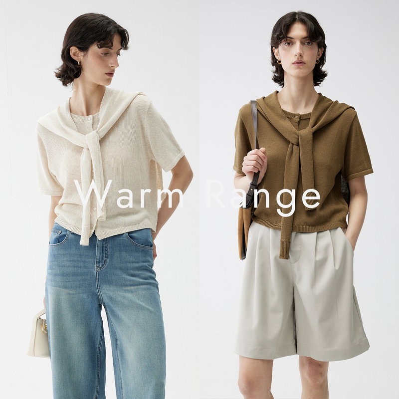 Warm Range Thin Two-Piece Wool Knit Cardigan for Women, Summer Round Neck Shawl Two-Piece Set, Short-Sleeved and Simple