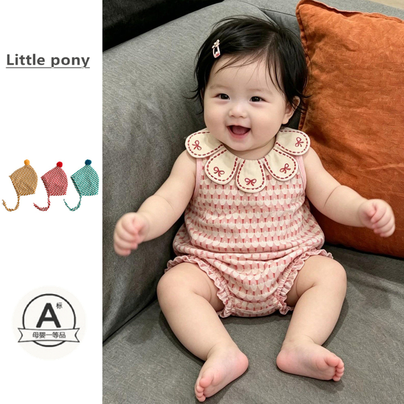 New Summer Sleeveless Romper for Baby Girls, Cute Bow Doll Collar, Thin Outdoor Jumpsuit, 100-Day Crawling Suit